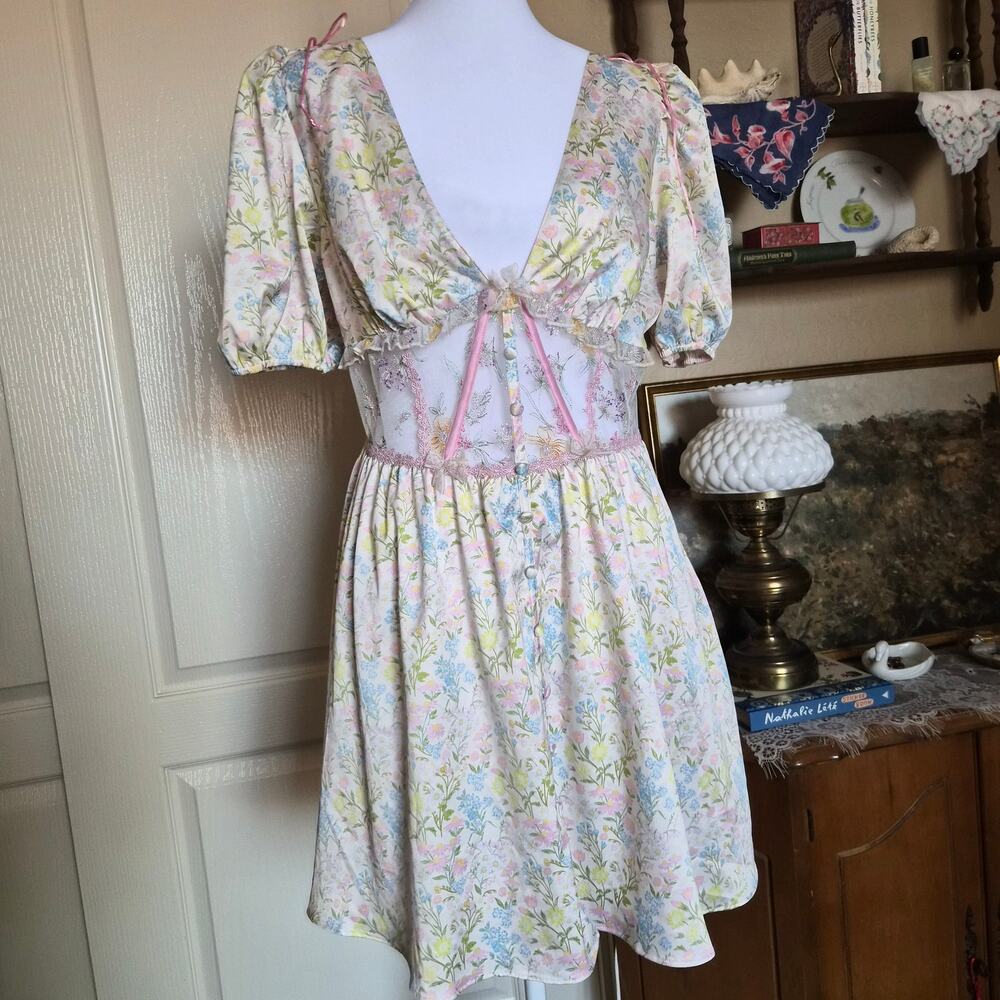 For Love & Lemons Floral Corset Mini Dress Puff Sleeve Lace Women's Size L